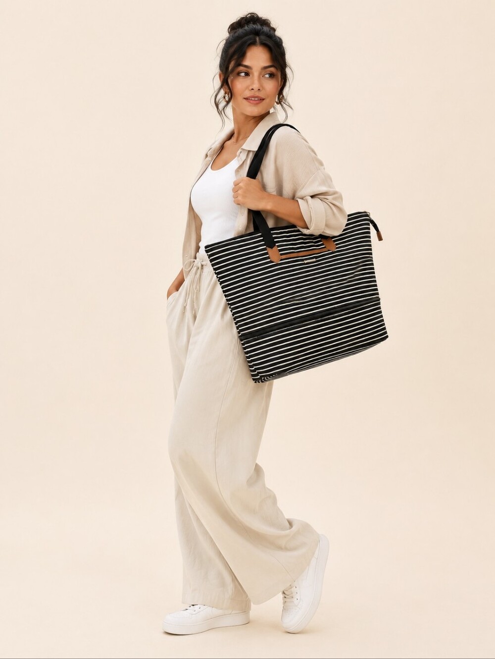 Striped Black & White Tote Bag with Leather Accents